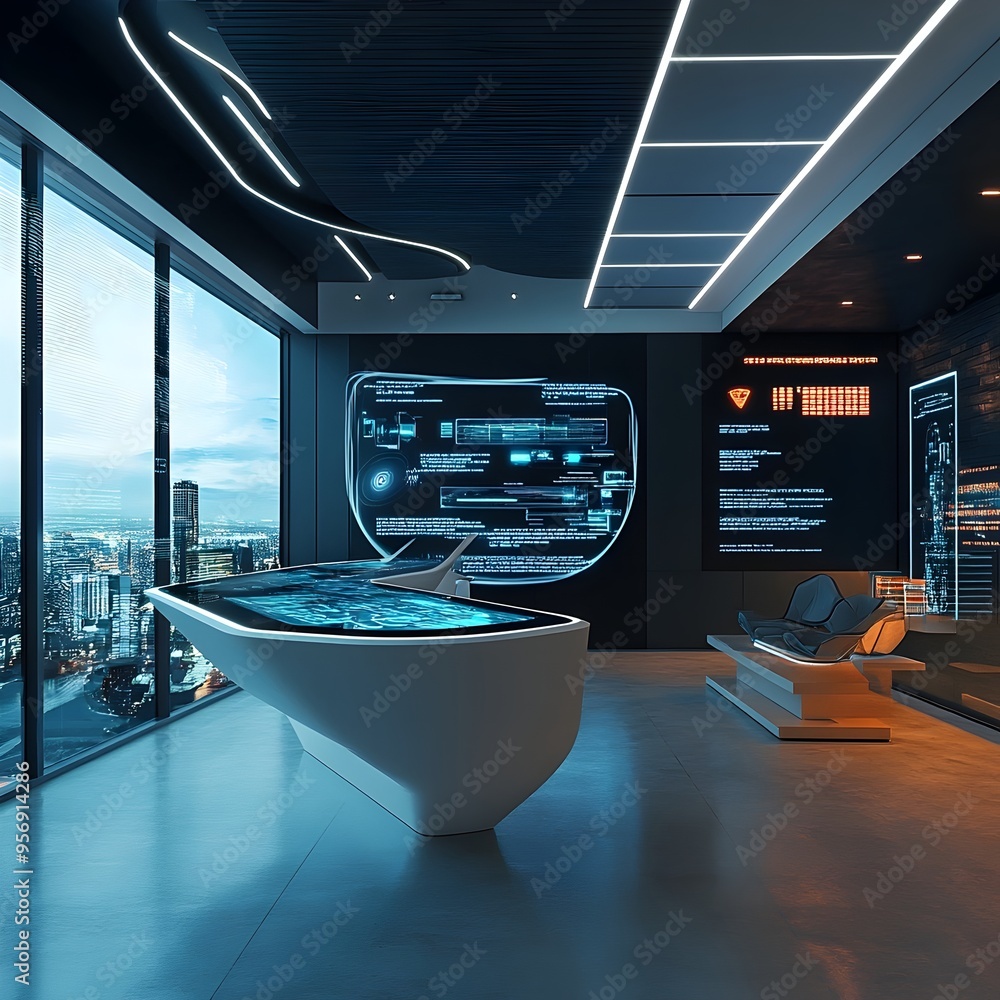 Poster cutting edge tech company reception with futuristic holographic displays sleek furniture and innovat