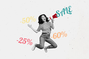 Creative banner poster collage of jumping girl speak loud speaker sales 50 25 60 percent on white...