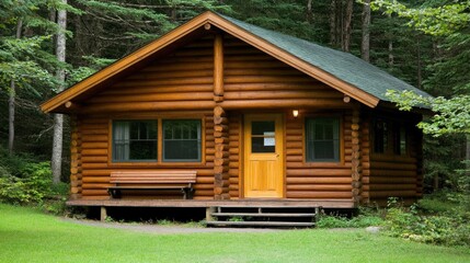 The small wooden cabin features an open door, two benches on the front porch, and is surrounded by vibrant greenery at Chill Plain Lake park, inviting visitors to relax