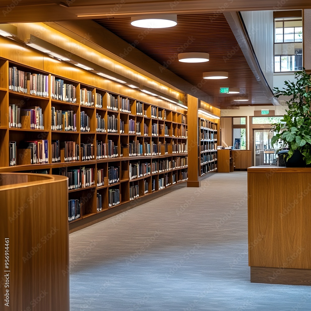 Poster serene and inviting library reception area with neatly organized rows of bookshelves providing a cal
