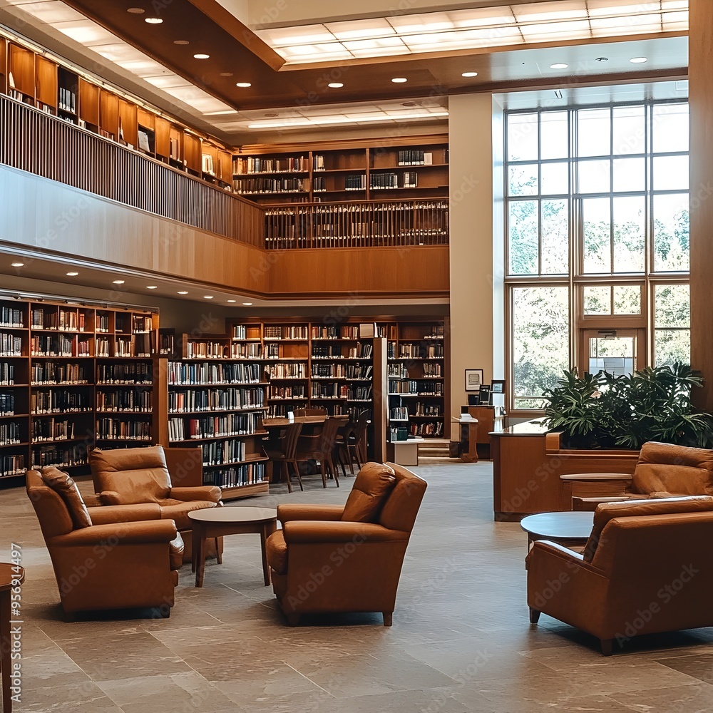 Aufkleber serene and intellectual library reception area with rows of bookshelves a knowledgeable librarian an