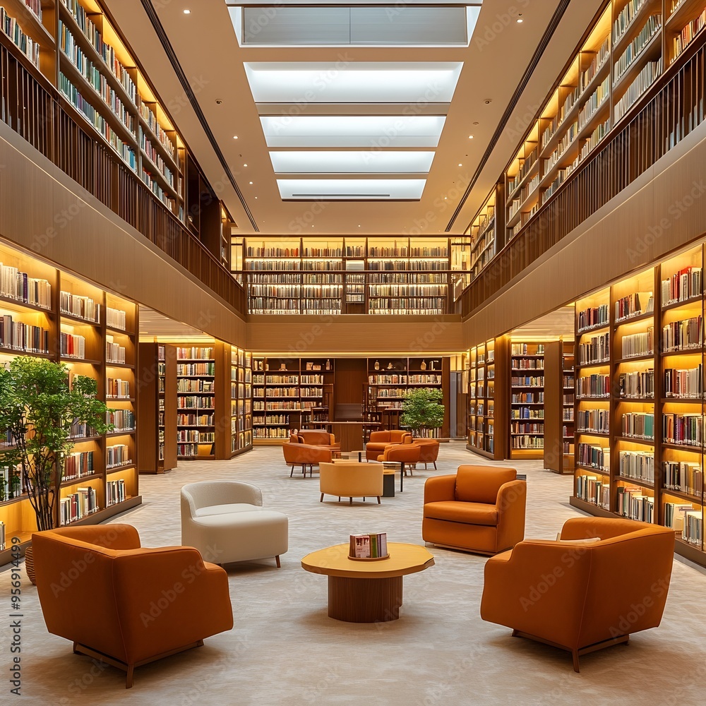 Aufkleber serene and sophisticated library reception area with rows of cozy bookshelves inviting ambiance and 