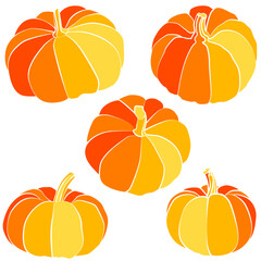 Pumpkins with varying shades of orange and yellow vector illustration. The pumpkins in a stylized, flat design, arranged against white  background. Halloween or thanksgiving symbols.