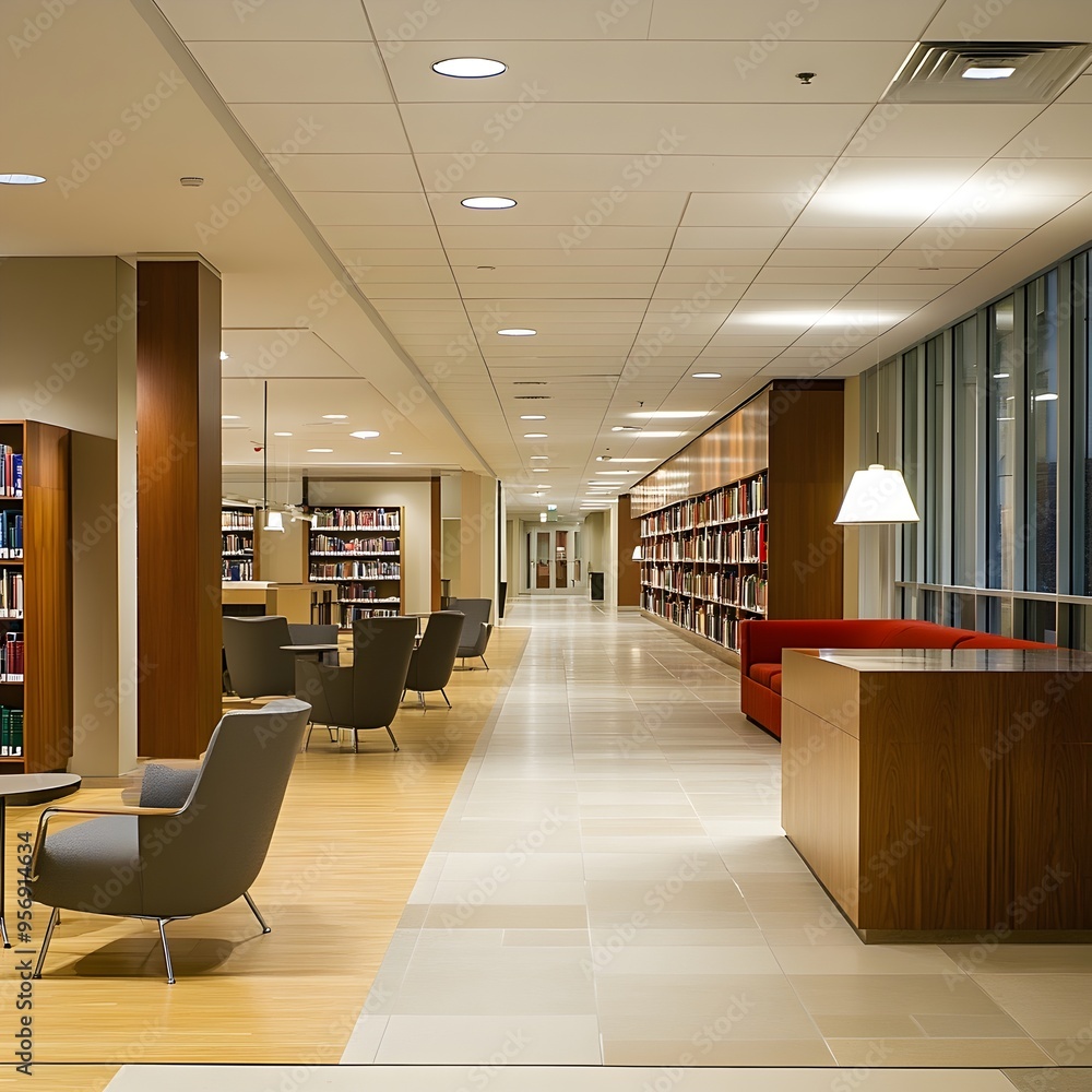 Poster serene and intellectual library reception area with rows of bookshelves desk and knowledgeable libra