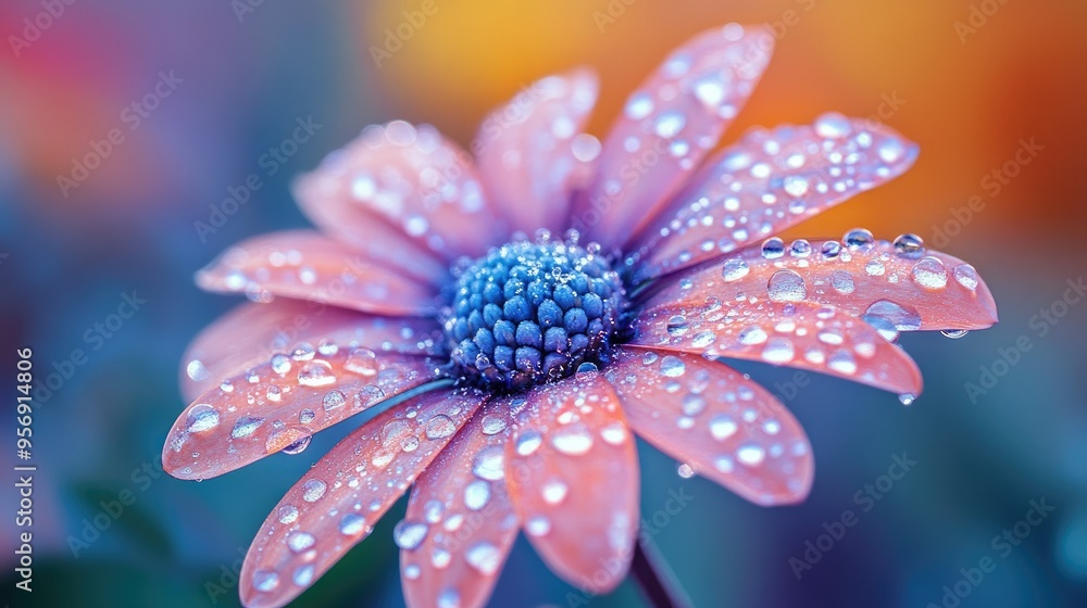 Poster high-resolution view of a flower with dew drops on its petals, featuring a soft focus on the droplet