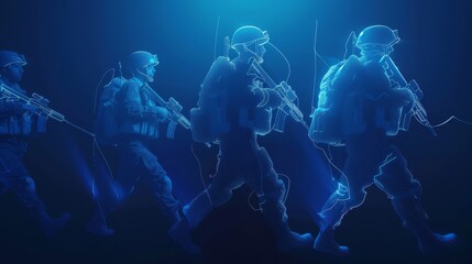 Four soldiers in holographic outlines march in a synchronized formation, set against a deep blue, ethereal background.