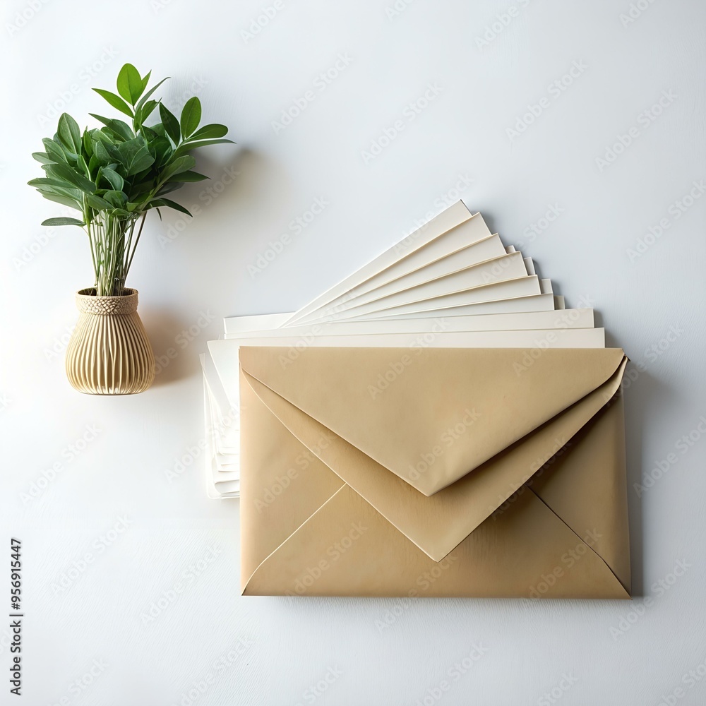 Poster a clean and modern image featuring a stack of blank white envelopes inside a brown envelope.