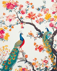 Naklejka premium Vibrant Mughal garden design featuring peacocks amidst blooming flowers on white canvas