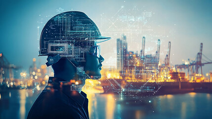 Double exposure Engineer hardhat ensures the use of machine learning for enhanced customs clearance processes.