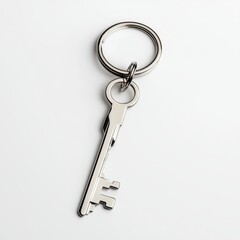 A close-up of a single metal key attached to a keyring, symbolizing security and access. Ideal for real estate and safety themes.