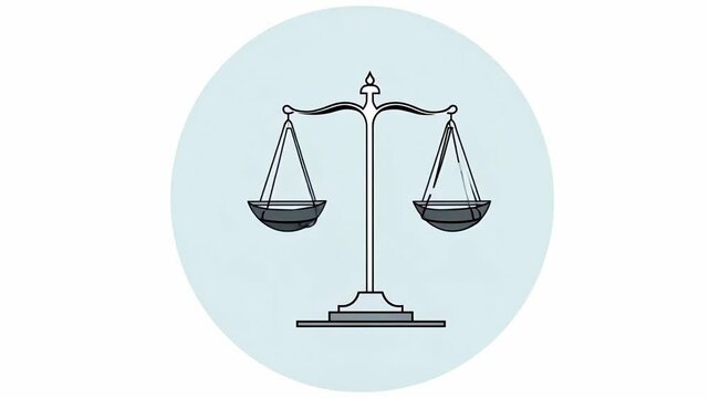 minimalist illustration of a balanced scale on a muted blue background, symbolizing justice, balance, and law