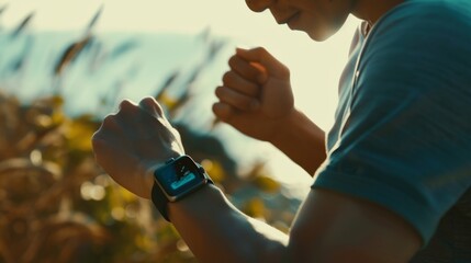 A jogger glances at his smartwatch during a run on a bright day with the sea in the background.