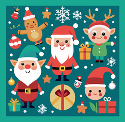 Christmas character collection celebrating with gifts and ornaments