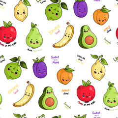 Seamless pattern with cute kawaii cartoon fruits and berries characters