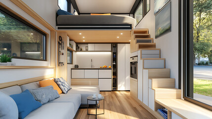 A tiny home with smart storage solutions and automation systems to maximize space and efficiency 