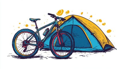Fototapeta premium Illustration of a camping setup with a bicycle and tent, perfect for outdoor adventure graphics and travel themes.