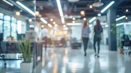 Business office with blurred people casual wear walking, with blurred bokeh background