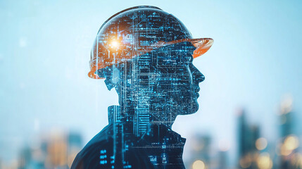 Double exposure Engineer hardhat integrates cloud-based platforms for global coordination of supply chain activities.