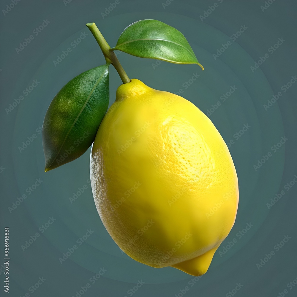 Poster a vibrant 3d illustration of a single lemon with a green leaf. perfect for adding a fresh and zesty 