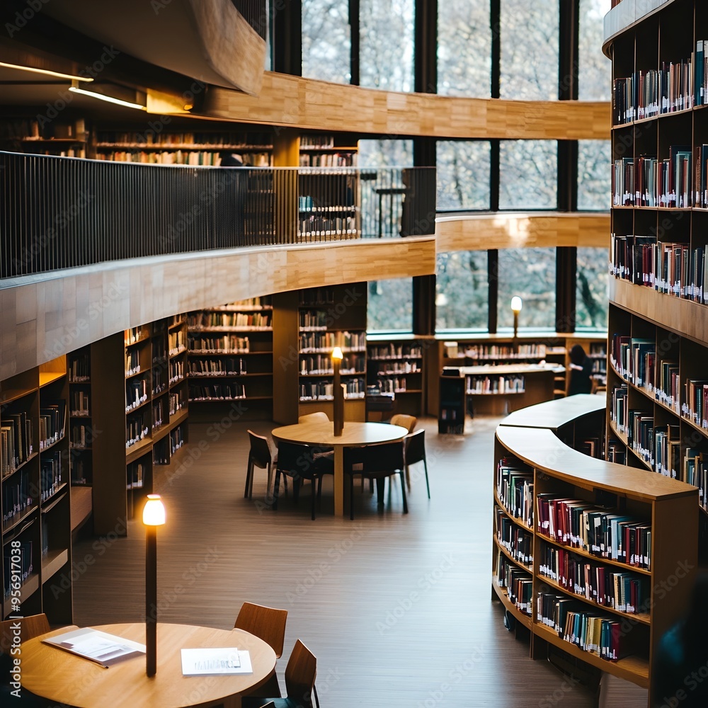 Aufkleber tranquil university library setting with bookshelves desks and comfortable study spaces for focused 
