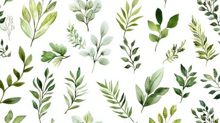 A collection of various green leaves, showcasing intricate details and natural textures on a white background for a fresh aesthetic.