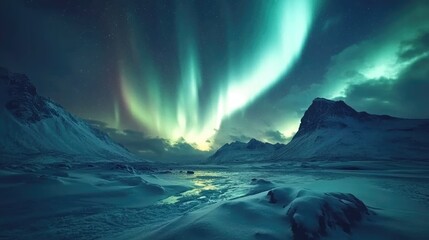 Naklejka premium Northern Lights Dancing Over a Snowy Mountain Landscape