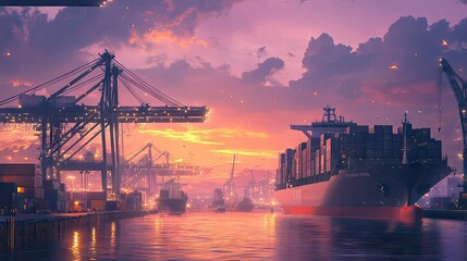 Obraz premium Industrial port at twilight, featuring a container ship and cranes working under the dimming light. Emphasizes the scale of maritime trade and port operations.