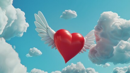 A red heart with angelic wings floats among fluffy white clouds in a bright, blue sky, evoking a whimsical sense of love and freedom.