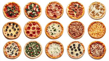 Variety of pizzas, each isolated on a white background.