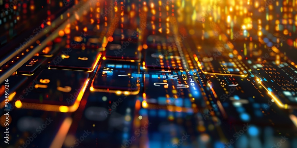 Poster a keyboard with a double exposure of binary code and network patterns, illustrating digital communic