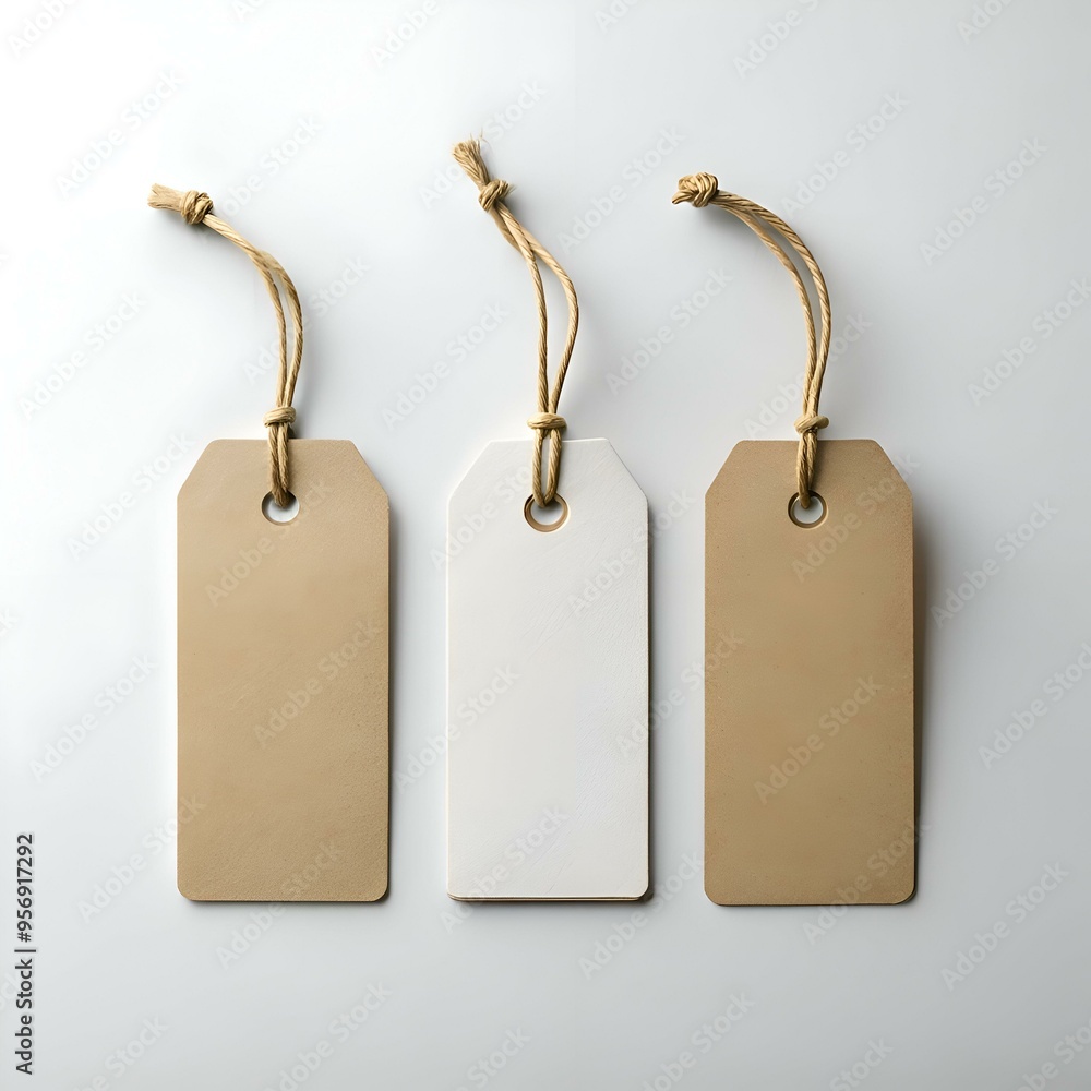 Poster three blank gift tags with twine. one white and two brown. perfect for adding your own personal mess