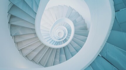 A mesmerizing spiral staircase with clean white lines twisting downward, creating an abstract, geometric perspective that captivates the viewer.