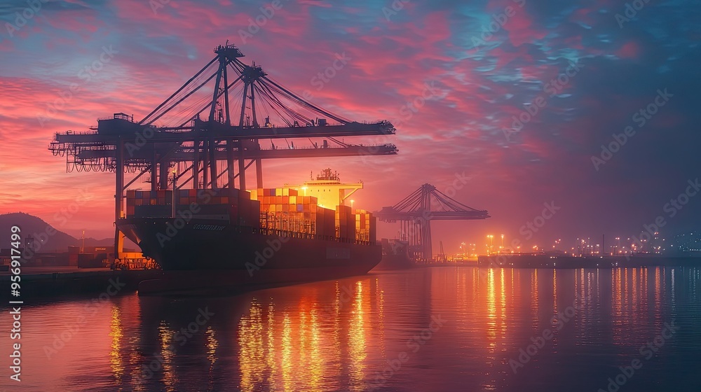 Poster industrial port during the evening hours with a large container ship at dock and cranes operating ag