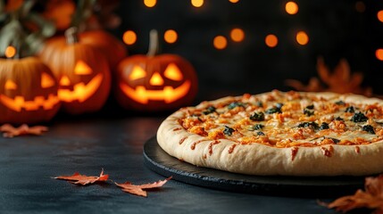 A delicious pizza with pumpkin and herbs, set against festive Halloween decorations and glowing...
