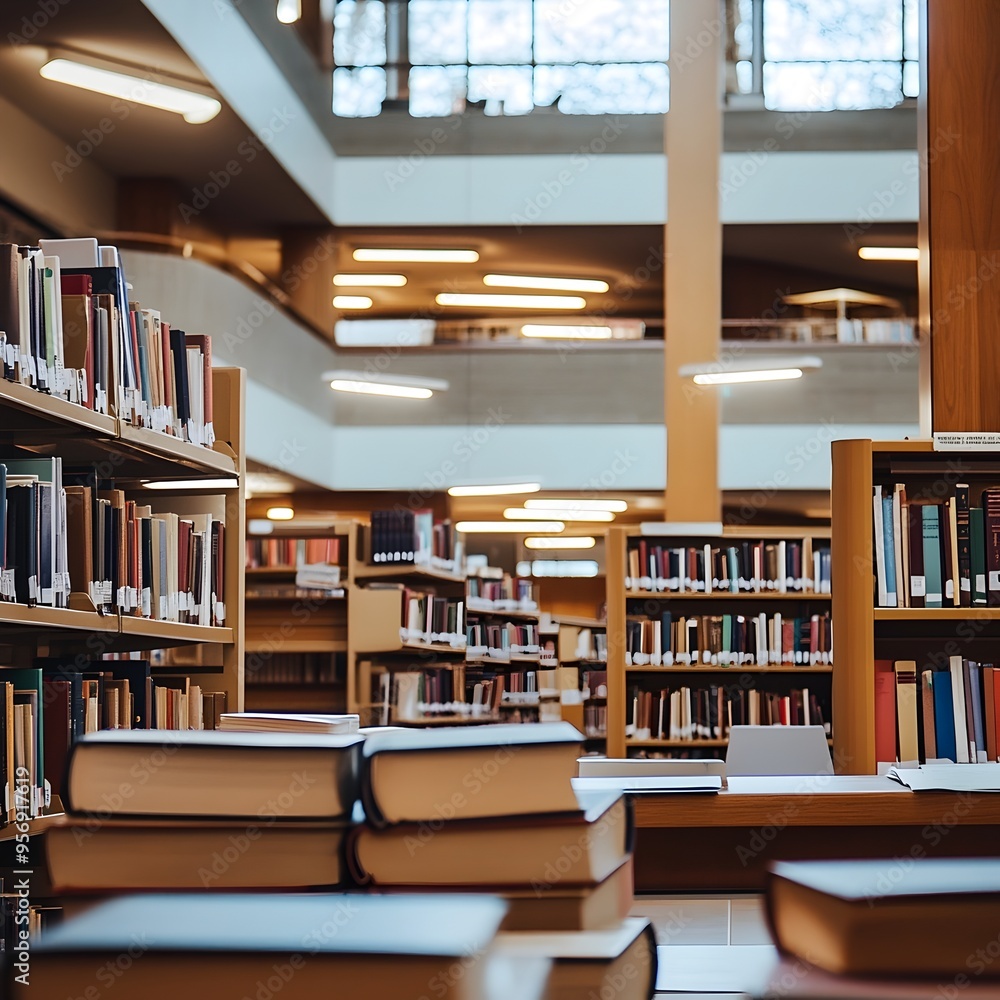 Aufkleber tranquil university library setting with bookshelves desks and inviting study areas for focused lear