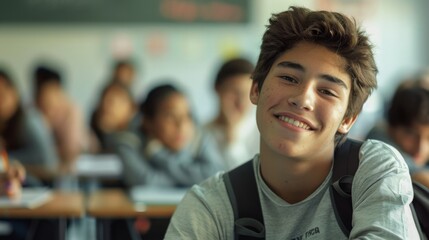 Obraz premium A cheerful student with a backpack sits in a classroom, enthusiastically participating in a lesson, surrounded by classmates.