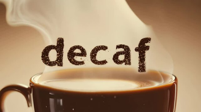 Steam rises from a mug of hot decaf coffee, with the word "decaf" spelled out in coffee beans against a creamy background, illustrating a caffeine-free option