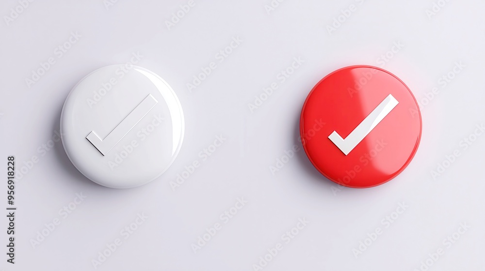 Poster isometric checkmark icon set, includes affirmative checkmarks and red cross buttons, designed with a