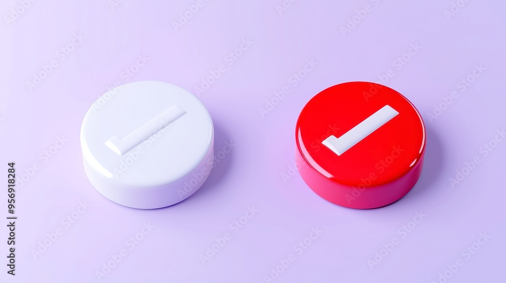 Poster isometric checkmark icon set, featuring affirmative and negative buttons in vibrant colors, designed