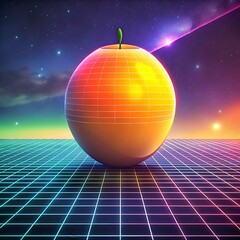 A vibrant 3D illustration of a glowing orange sphere with a sprout on top. resting on a futuristic grid against a starry sky.