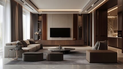 Inviting and Sophisticated Modern Living Space with Comfortable Seating Elegant Furnishings and Captivating Large TV for Entertainment