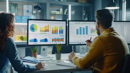 Professionals in a modern office setting, focused on data analytics and business strategy, exemplify teamwork and efficiency.