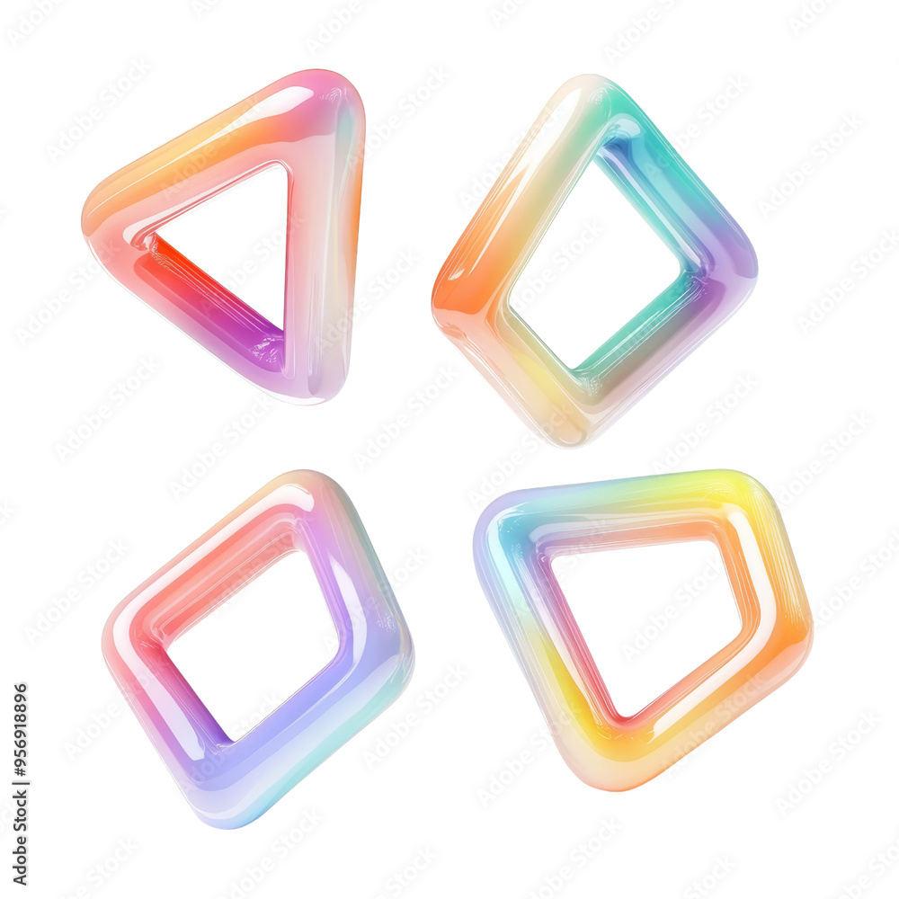 Poster set of abstract triangle square gradient freeform shape form 3d render icon isolated on transparent 