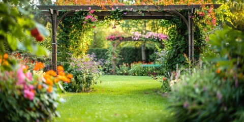 Obraz premium Green garden with a wooden trellis covered in climbing vines and colorful blossoms