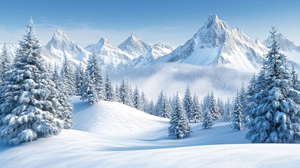 Obraz premium Snow-covered mountain range with a forest of pine trees in the foreground.