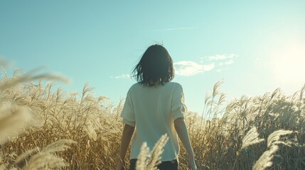 Fototapeta premium A Japanese woman walking through a field of tall grass, the sky above clear and bright