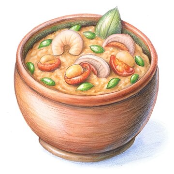 recommend clip art: A hand drawn illustration of a bowl of jambalaya. featuring a rich blend of colors and textures.