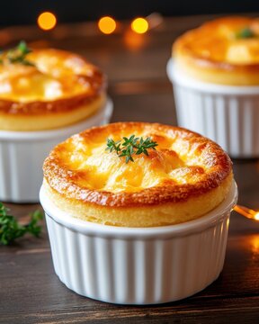 Delicious cheese souffle in ramekins, baked to perfection with a golden crust and fresh herbs, ideal for gourmet dining.