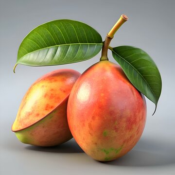 A vibrant 3D illustration of a mangaba fruit with a single leaf.