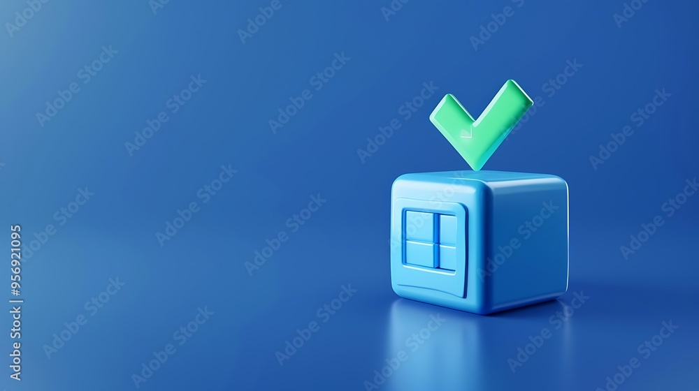 Aufkleber 3d blue cube with window icon and green check mark on blue background symbolizing confirmation or ap